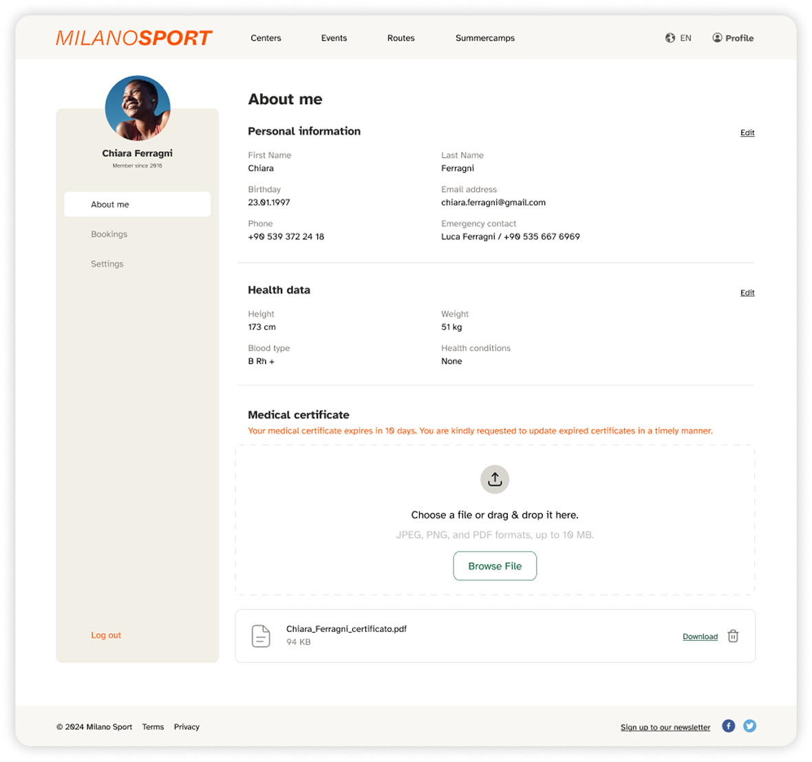 Profile page