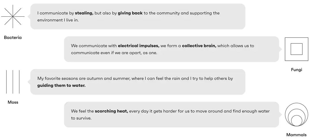 Key sentences from each entity, drawn from our research and embodied roleplay