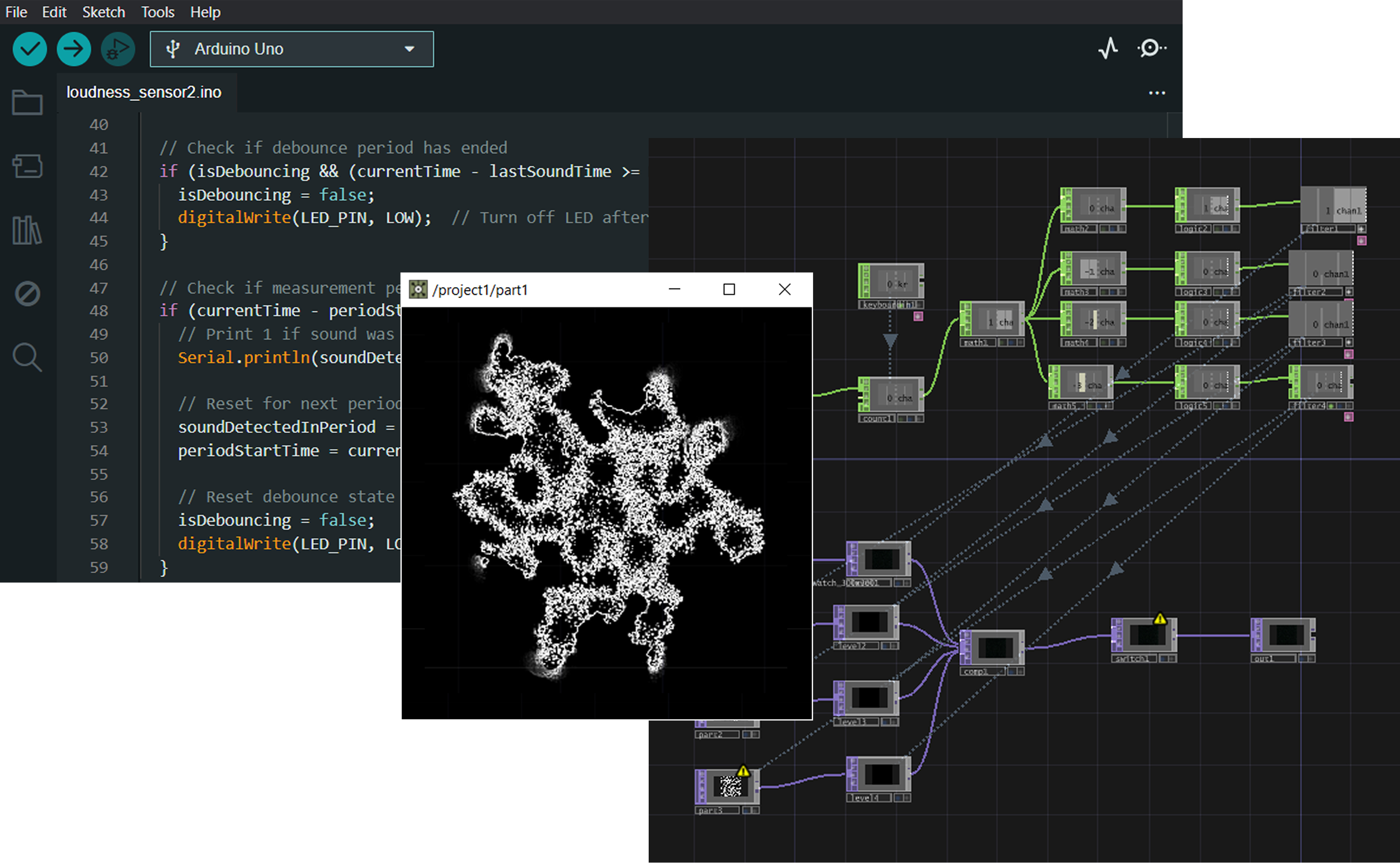 Screenshots of Arduino and Touchdesigner workflows